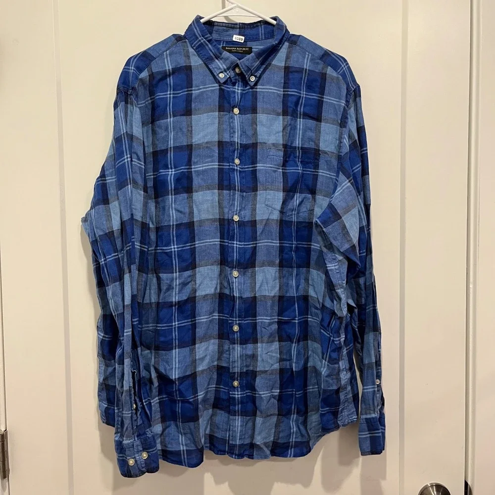 Banana Republic Camden Fit 100% Linen Blue Plaid Button Down Shirt Mens XL